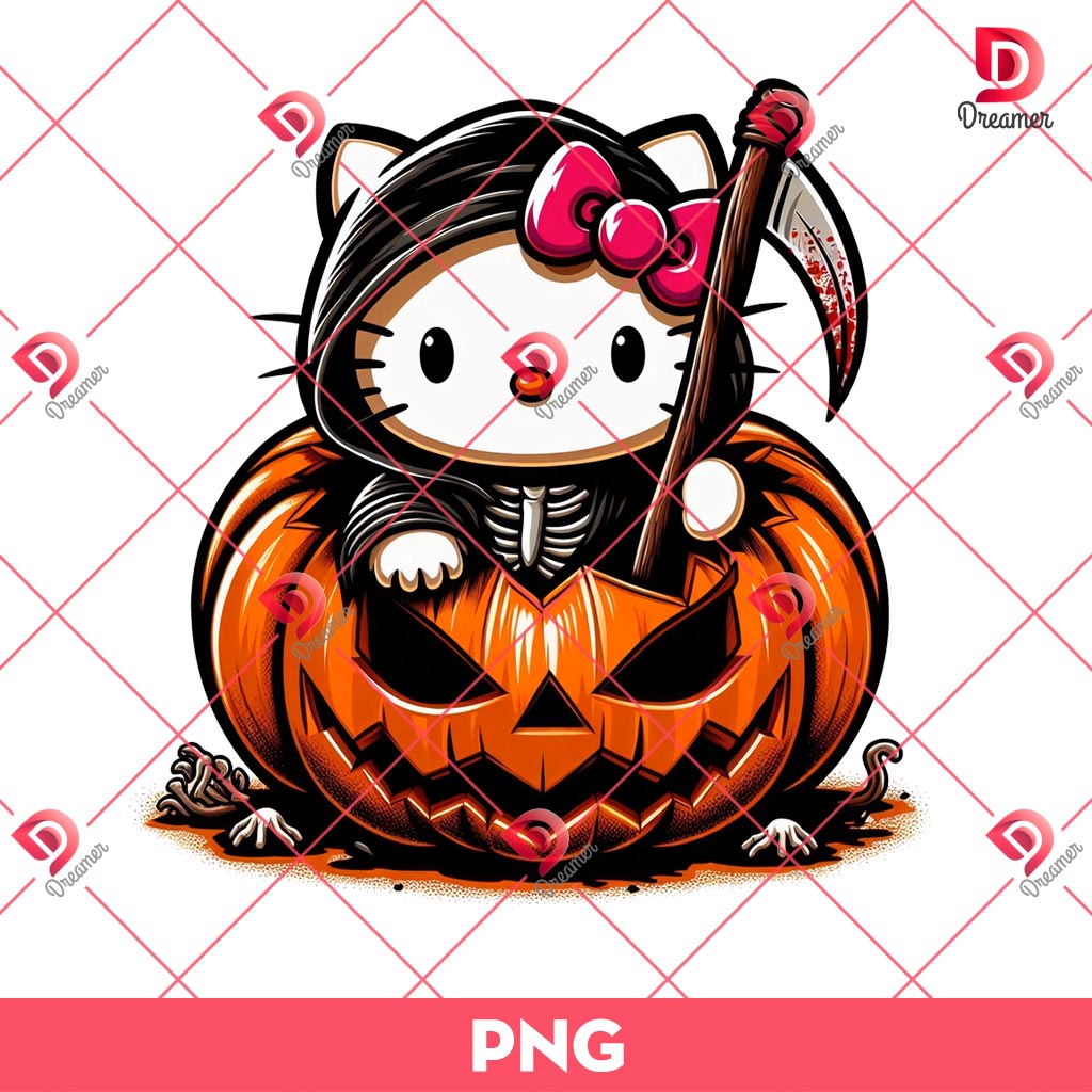 Hello Kitty Grim Reaper PNG, Hello Kitty Horror Pumpkin Halloween PNG