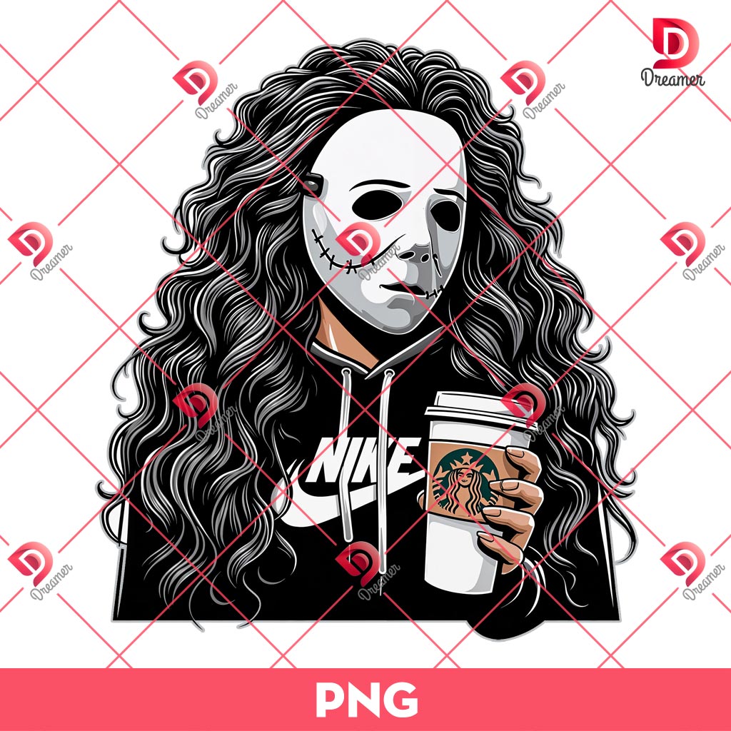 Horror Mama Drinks Coffee PNG, Lady Michael Myers Halloween PNG