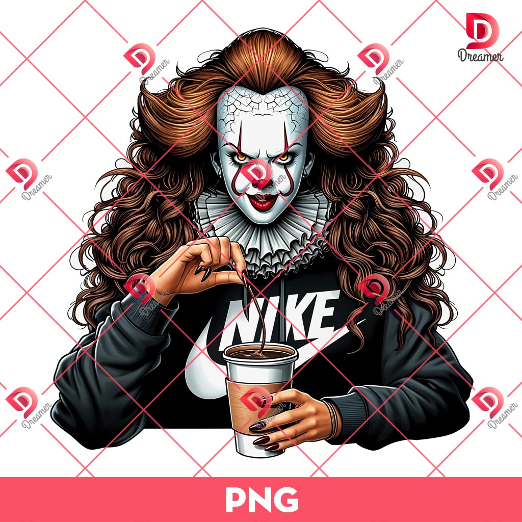 Horror Mama Pennywise Drinks Coffee PNG, Halloween Mom Coffee PNG, Horror Killer Mama PNG