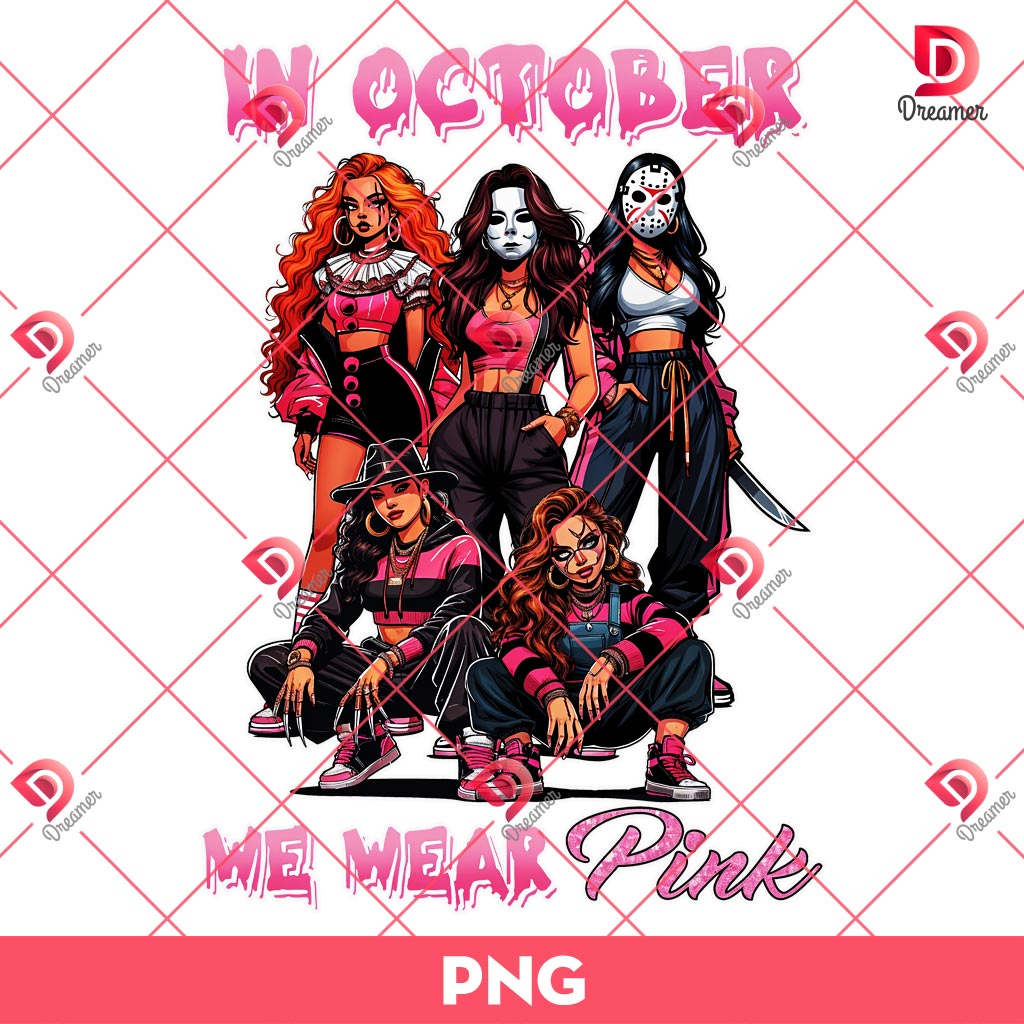 In October We Wear Pink PNG, Horror Girls Halloween PNG, Breast Cancer PNG
