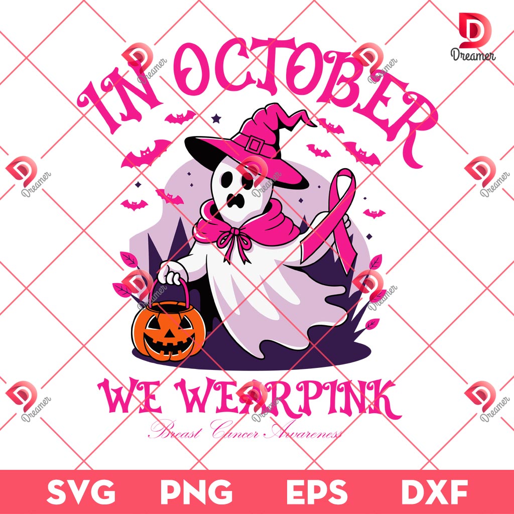 In October We Wearpink PNG, Breast Cancer Awareness PNG, Cute Ghost Cancer Halloween PNG