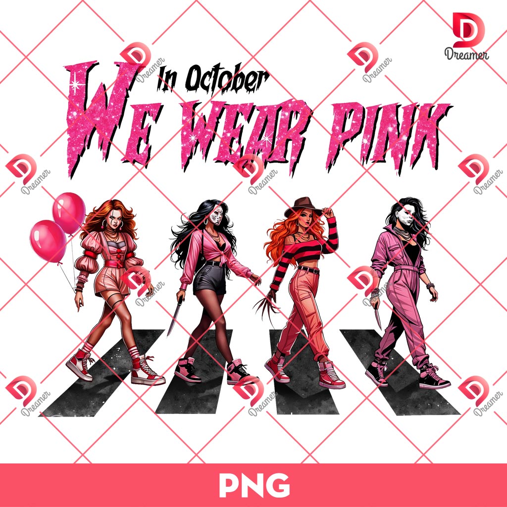 In October We Wear Pink Horror Girls PNG, Halloween Horror Movie Characters PMG, Cancer Awareness PNG (Copy)
