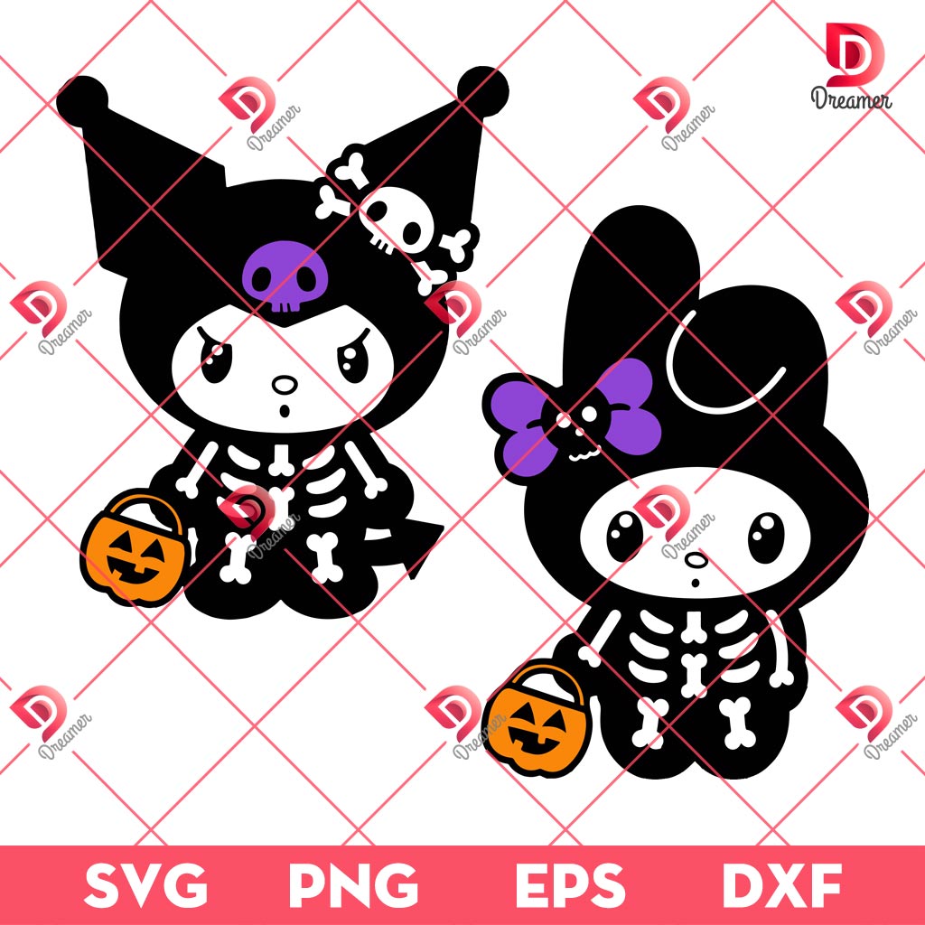 Kuromi And My Melody Halloween SVG PNG, Kuromi And My Melody Cosplay Skeleton Halloween PNG SVG