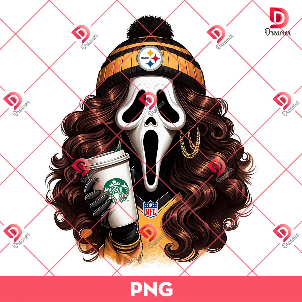 Mama Ghostface Steelers NFL PNG, Horror Mama Ghostface Drinks Starbucks Coffee PNG, Mama Halloween Sport PNG