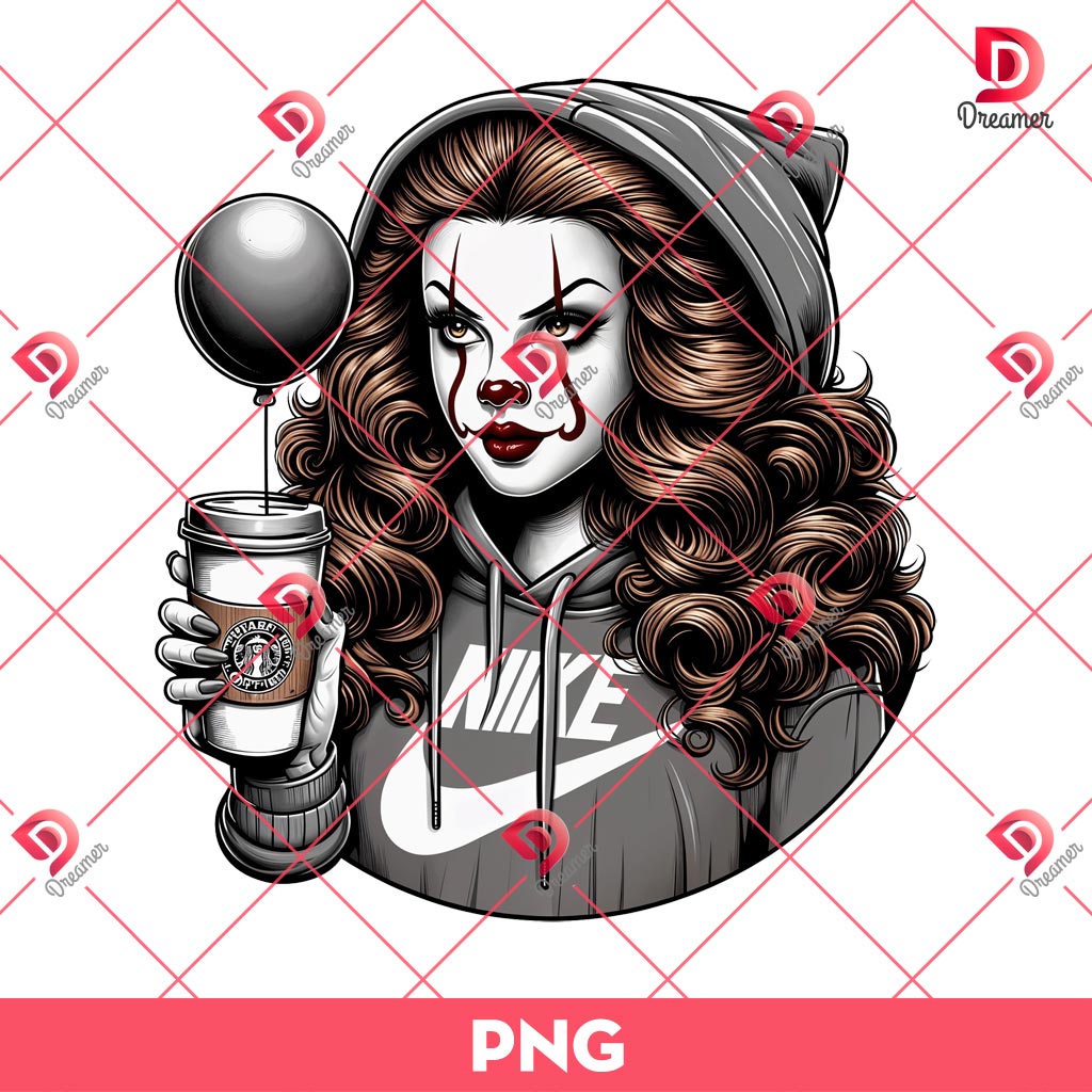 Mama Horror Killers PNG, Mama Pennywise Drinks Coffee PNG, Halloween Scary Movie Characters PNG