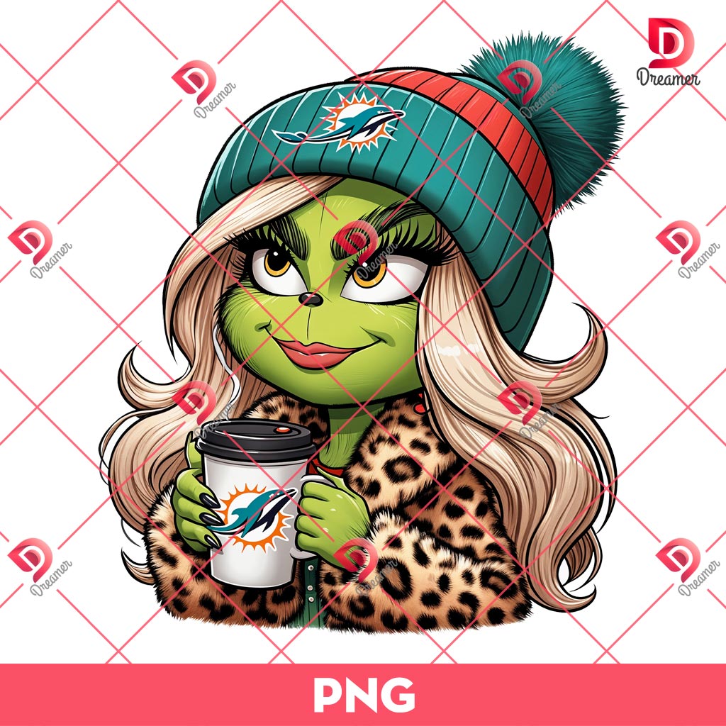 Miami Dolphins Boujee Grinch Girl PNG, Grinch Girl NFL Football PNG, Grinchmas PNG
