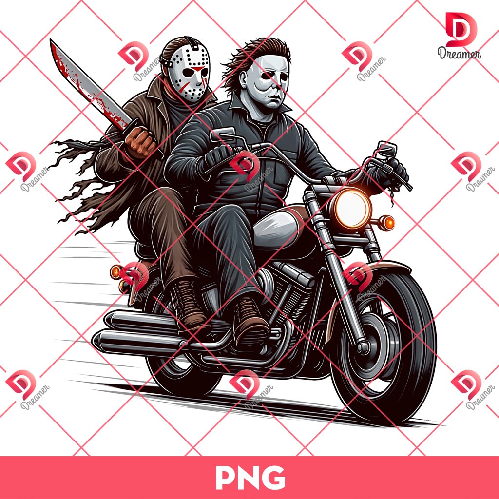 Michael Myers And Jason Voorhees Ride A Motorbike PNG, Horror Killers Halloween PNG, Horror Friends PNG