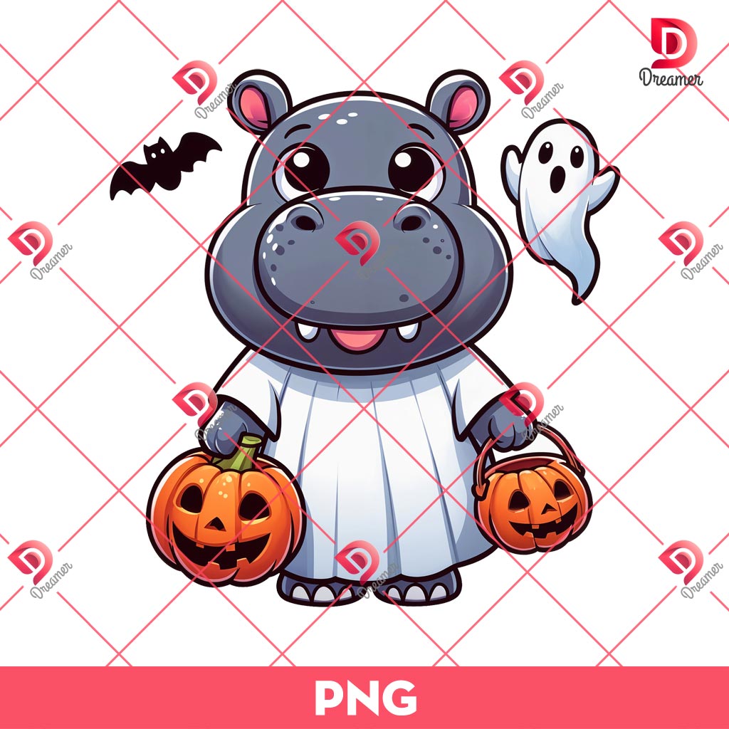 Moo Deng Hippo Ghost Halloween PNG, Cute Baby Hippo PNG, Moo Deng Halloween PNG
