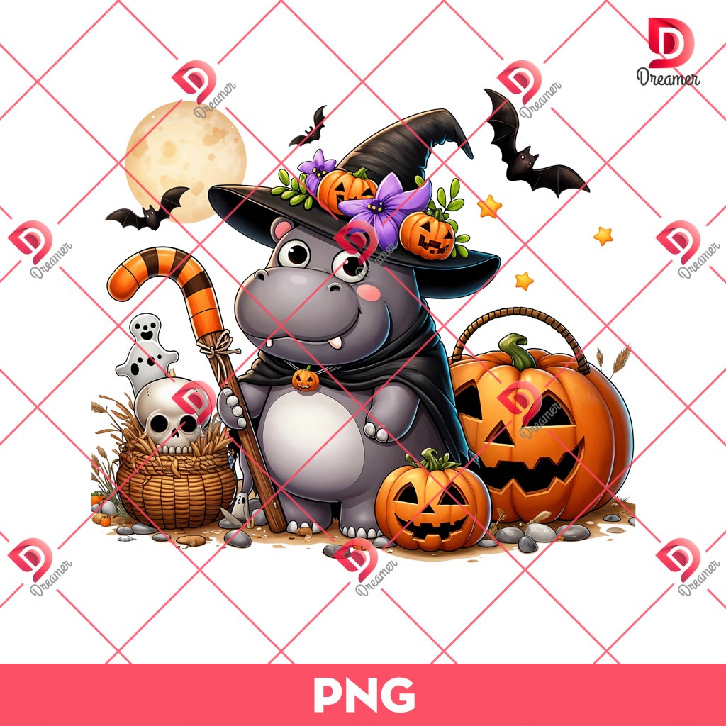 Moo Deng Hippo Halloween PNG, Moo Deng Witch Halloween PNG