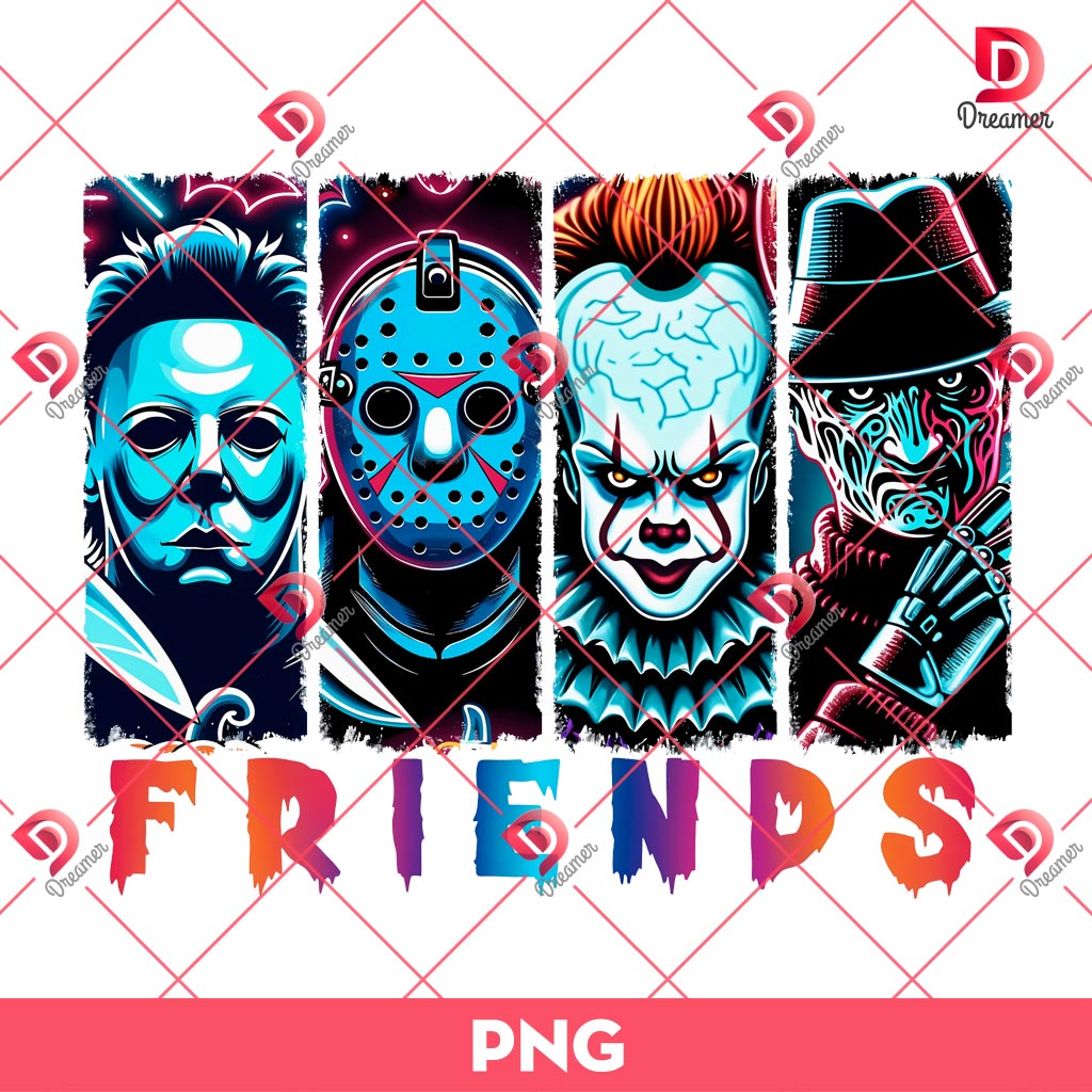 Neon Horror Friends Halloween PNG, Horror Characters Halloween PNG