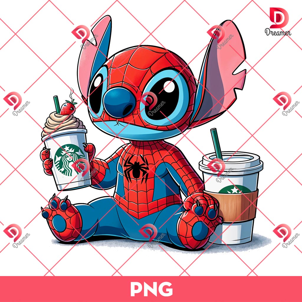 Stitch Spiderman Drinks Coffee PNG, Stitch Superhero PNG