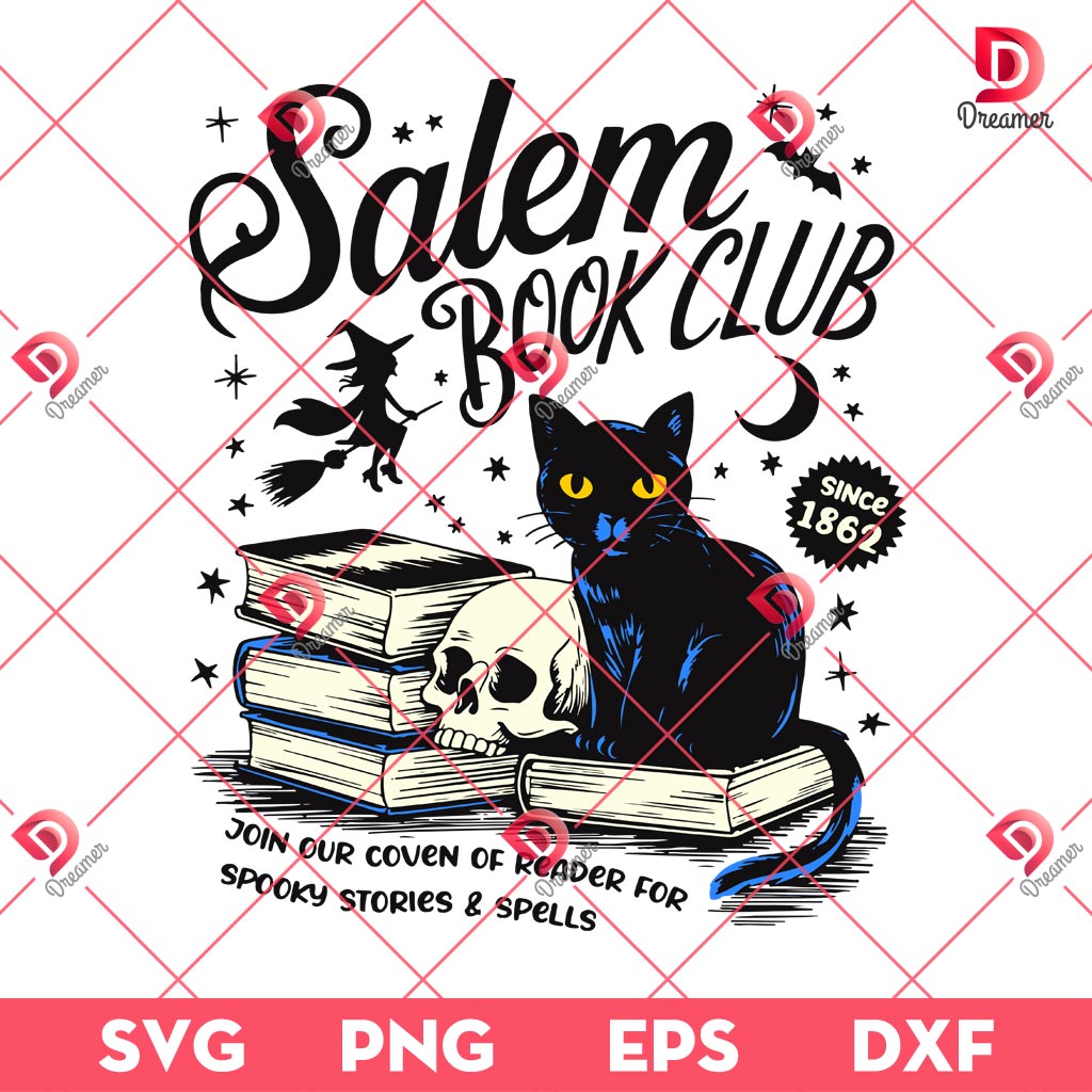 Vintage Salem Book Club SVG PNG, Black Cat Bookaholic SVG PNG, Halloween Cat PNG SVG