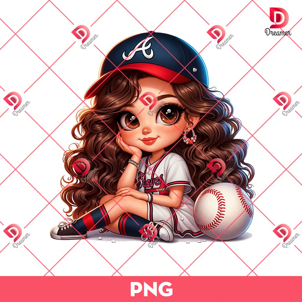 Atlanta Braves Cartoon Girl PNG, Cute Girl MLB Baseball PNG, Baseball Girl Fan PNG