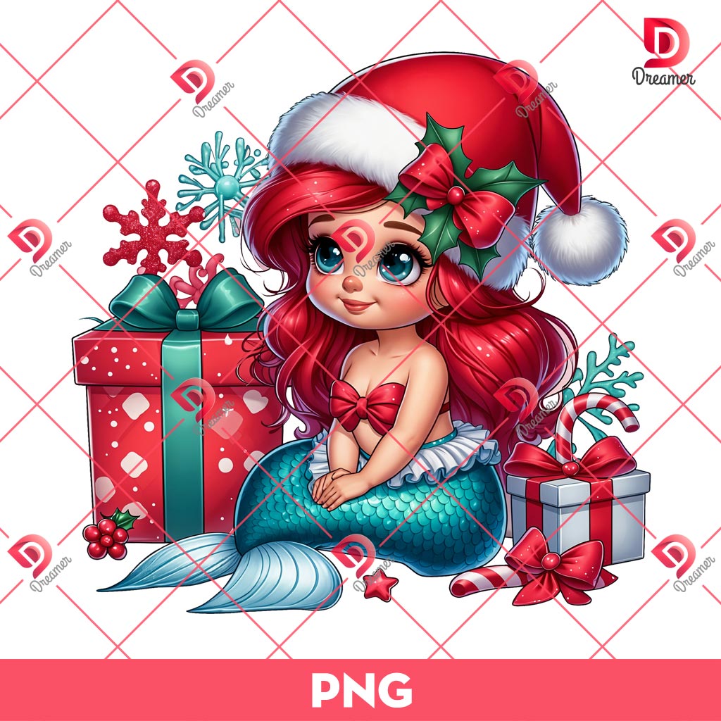 Baby Ariel Mermaid Merry Christmas PNG, Disney Princess Christmas PNG