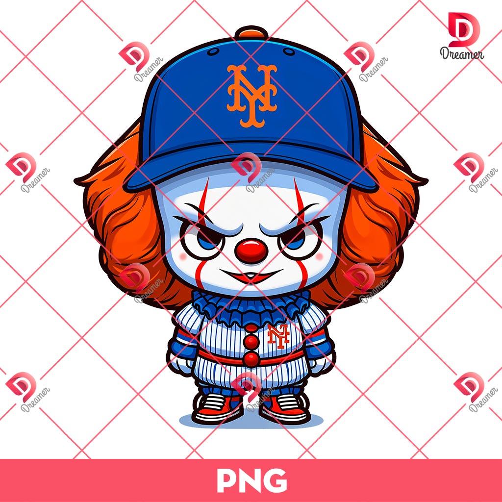 Baby Pennywise Baseball NY Mets Team PNG, Chibi Horror Killer Baseball PNG