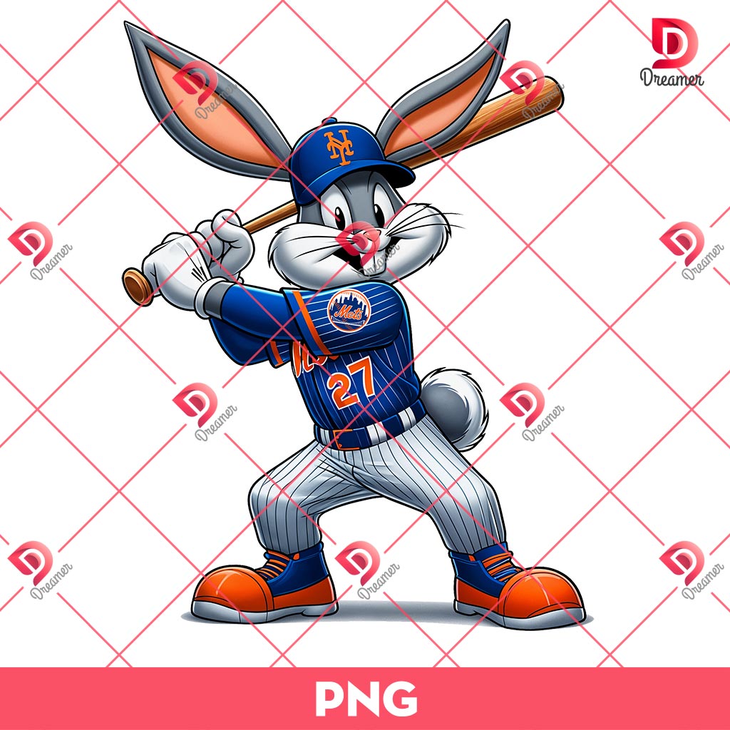 Bugs Bunny New York Mets PNG, Cute Cartoon Rabbit Baseball Player PNG