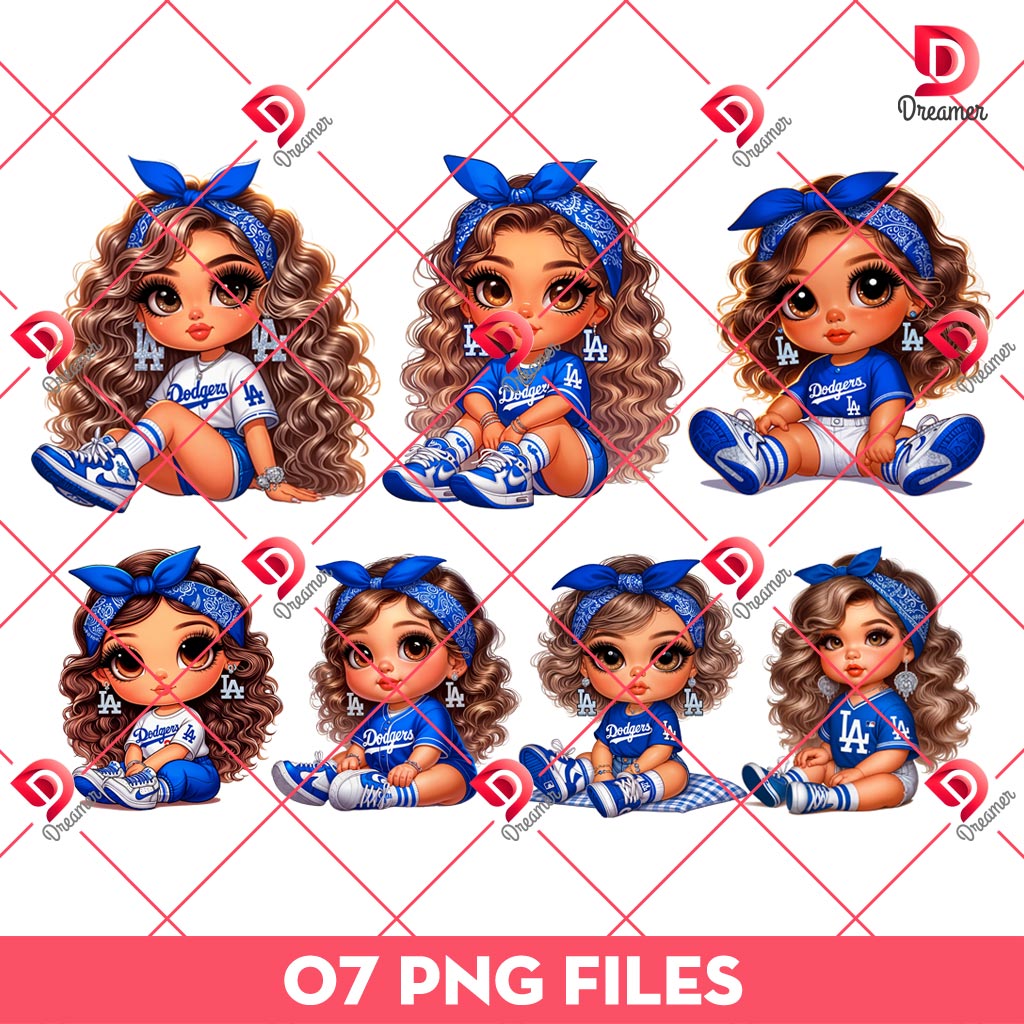 Bundle Baby Chicana LA Dodgers PNG, Cute Baby Cartoon Girl Los Angeles Dodgers PNG Bundle