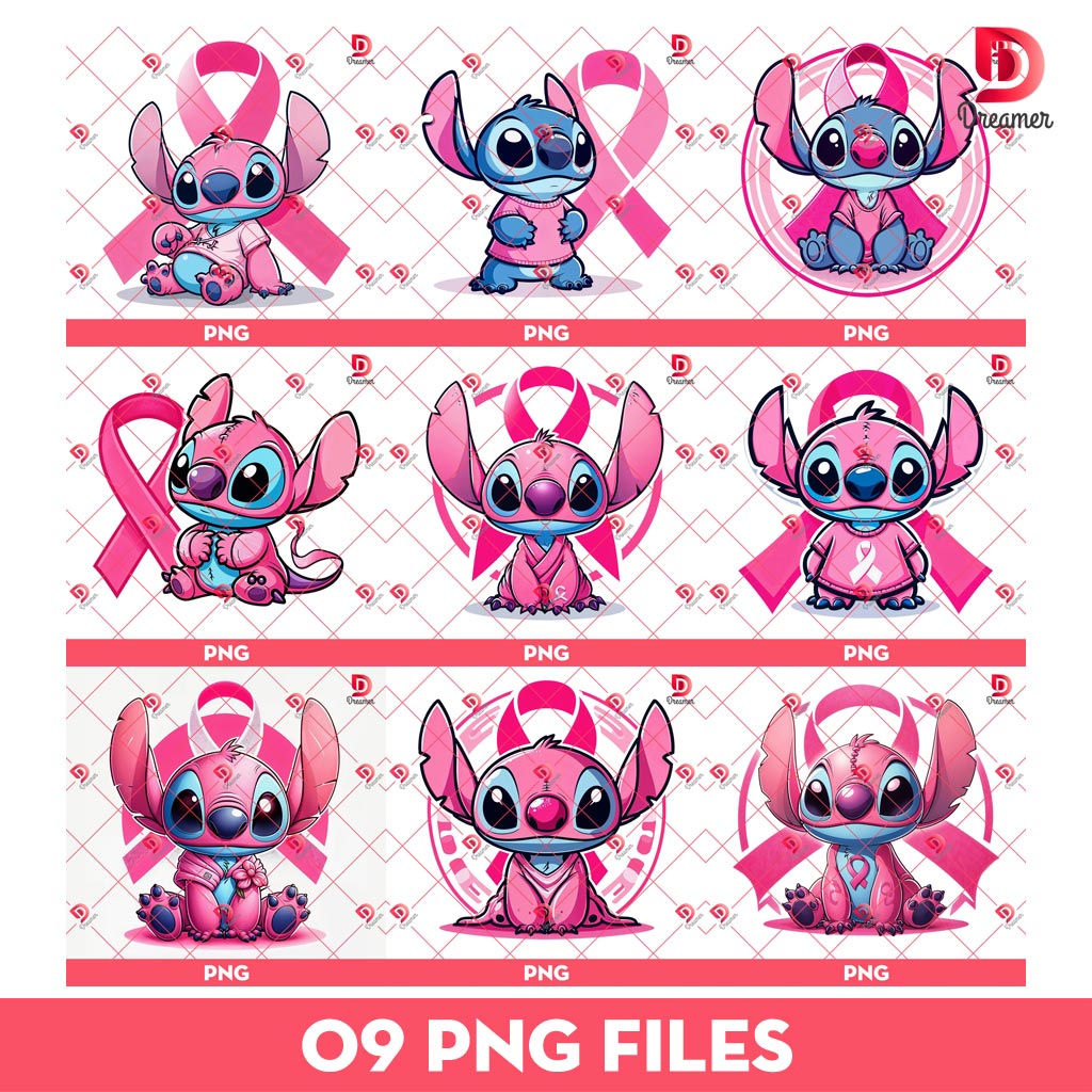 Bundle Cute Stitch Breast Cancer PNG, Pink Stitch Cancer Awareness PNG Bundle