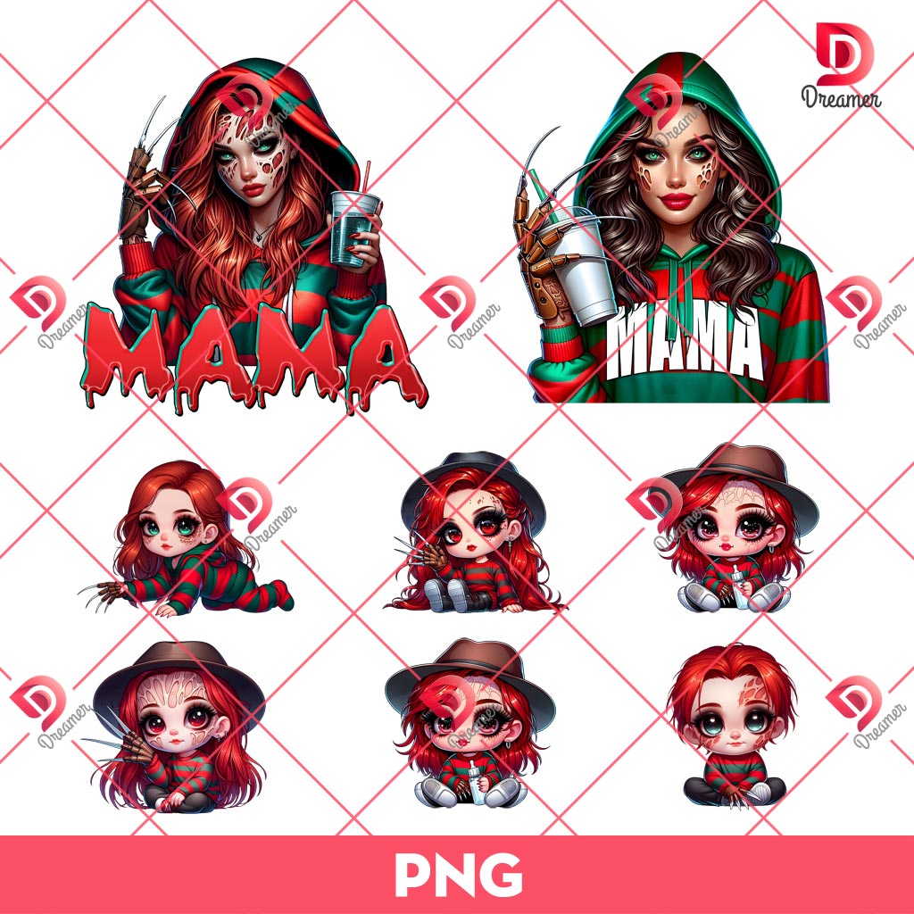 Bundle Mama Freddy Krueger And Children PNG, Bundle Horror Mama Halloween PNG