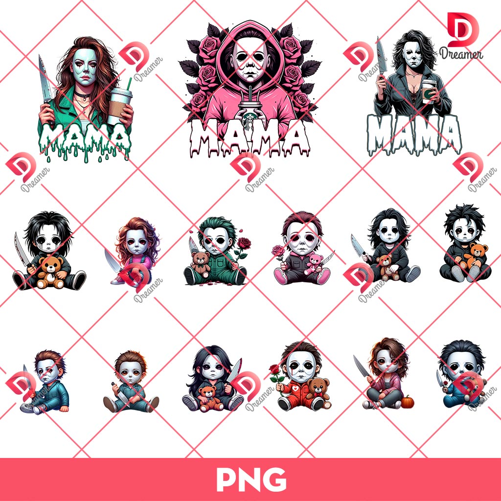 Bundle Mama Michael Myers And Children PNG, Horror Mama Halloween PNG Bundle