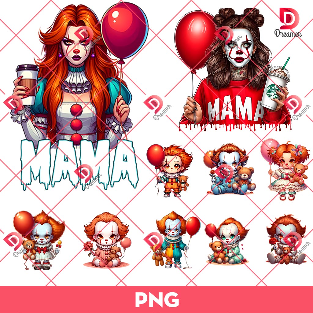 Bundle Mama Pennywise And Children PNG, Horror Mama Halloween PNG Bundle