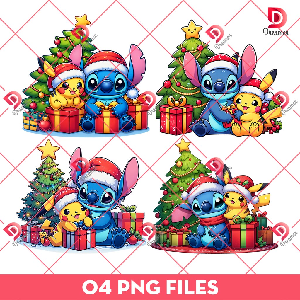 Bundle Stitch And Pikachu Merry Christmas PNG, Cartoon Stitch And Pikachu Christmas PNG Bundle