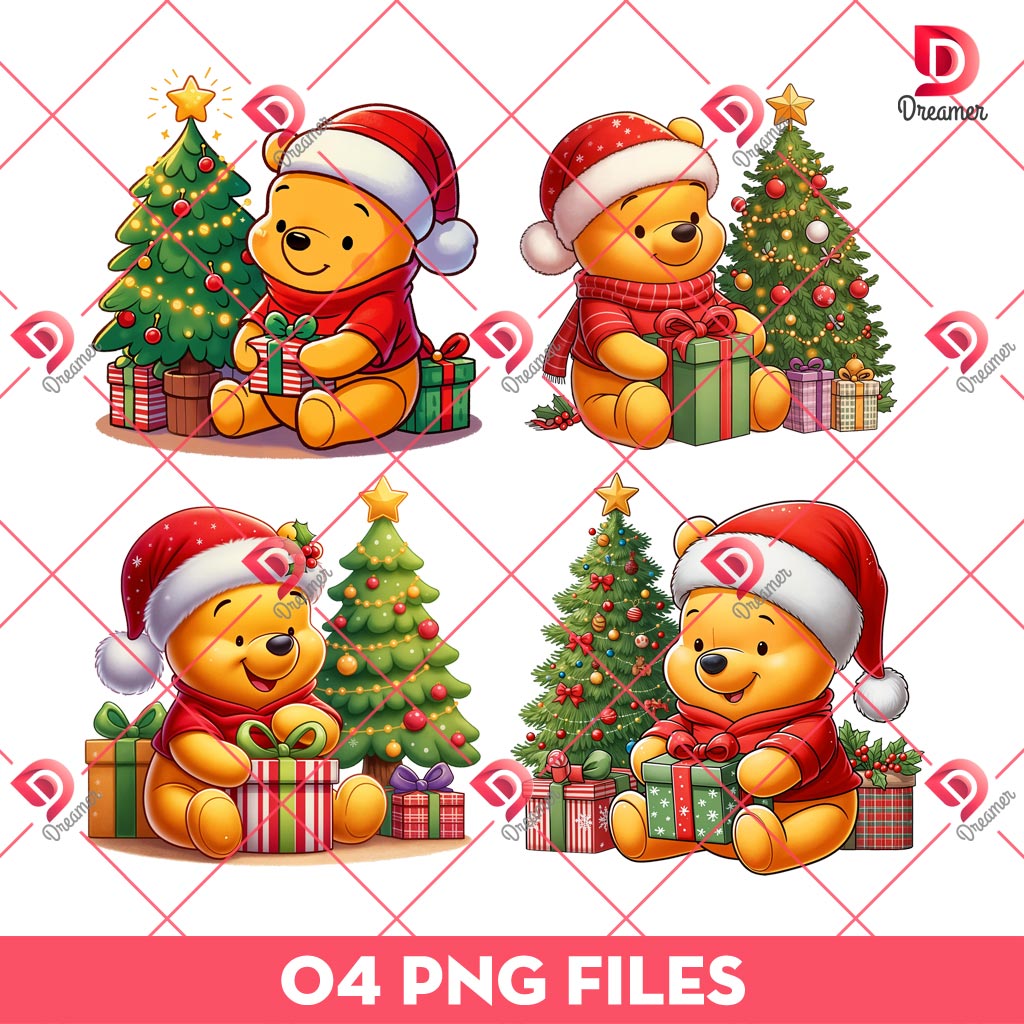 Bundle Winnie The Pooh Christmas PNG, Pooh Bear Merry Christmas PNG Bundle
