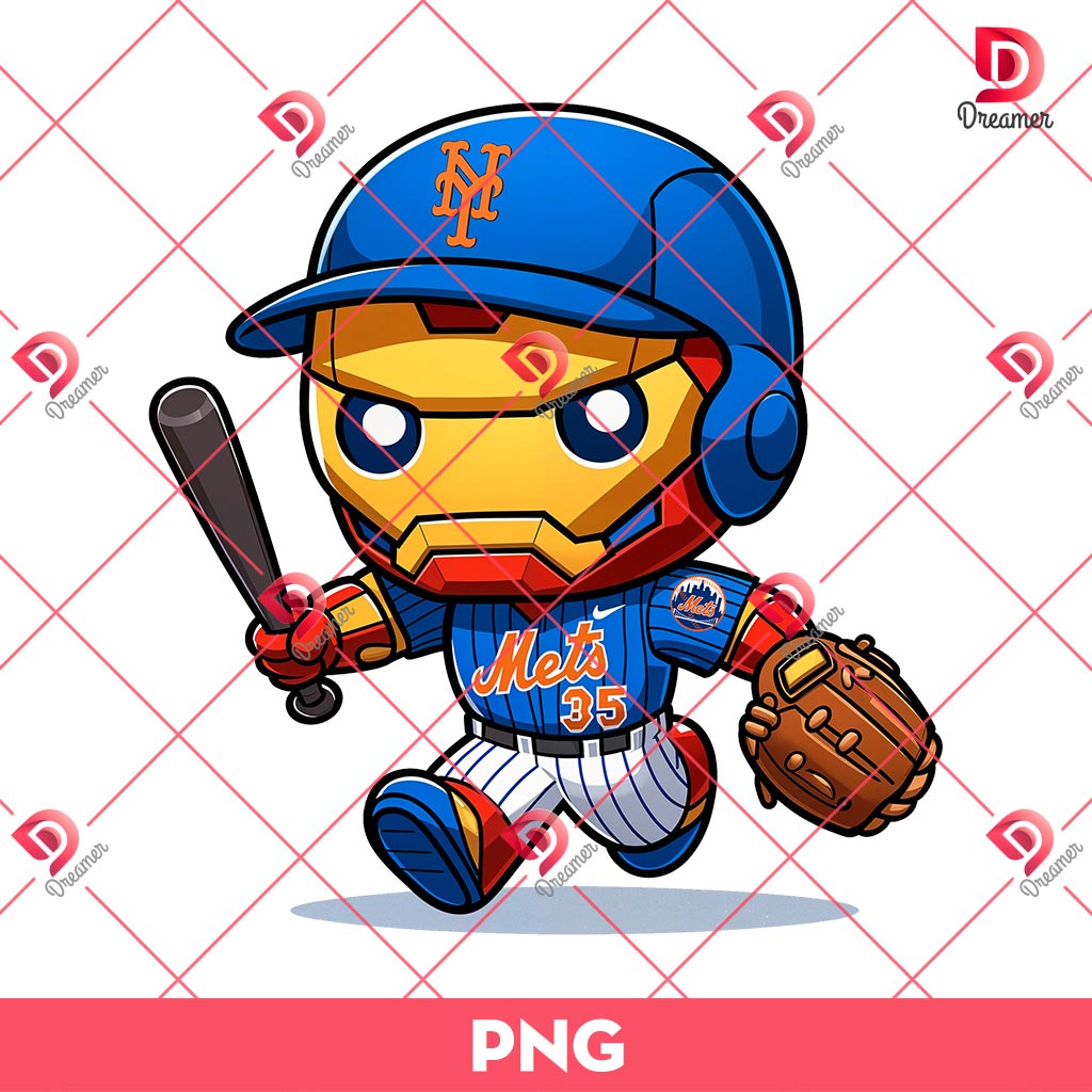 Chibi Iron Man New York Mets PNG, Cute Superhero Baseball PNG