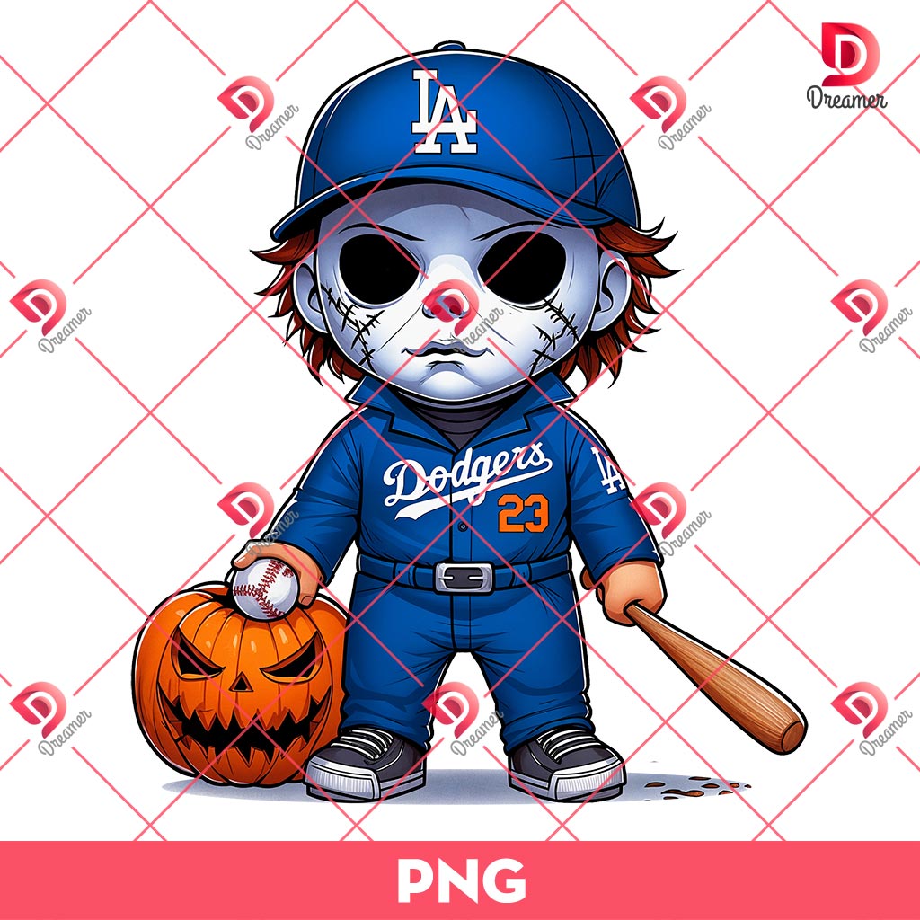 Chibi Michael Myers LA Dodgers PNG, Los Angeles Dodgers Horror Characters PNG