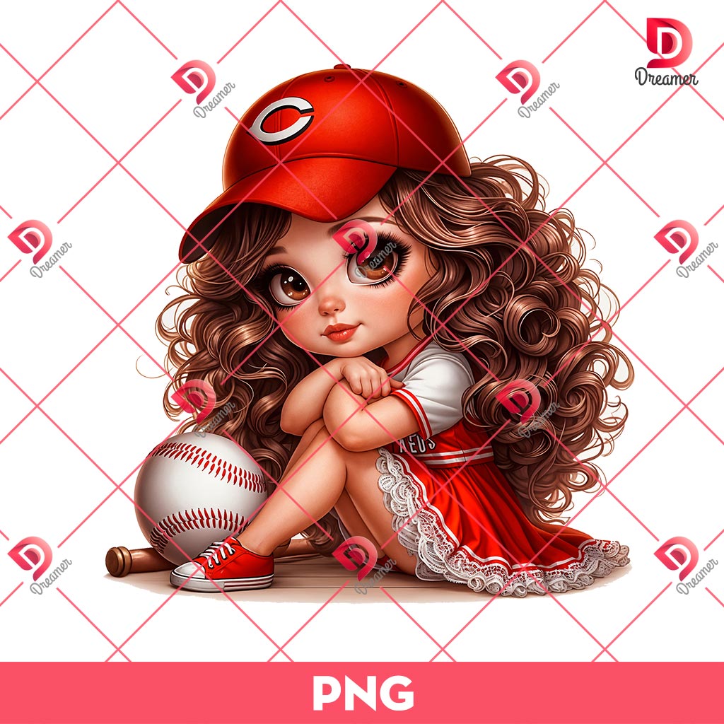 Cincinnati Reds Cartoon Girl PNG, Cute Girl MLB Baseball PNG, Baseball Girl Fan PNG