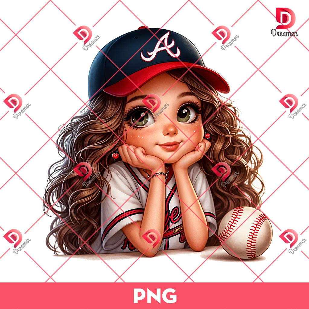 Cute Cartoon Girl Atlanta Braves PNG, MLB Baseball Girl PNG