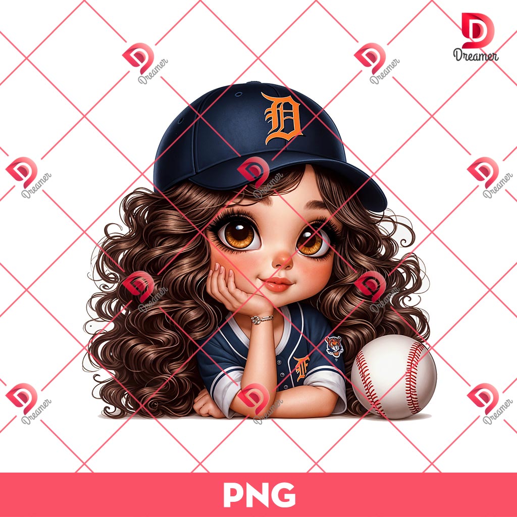 Detroit Tigers Cartoon Girl PNG, Cute Girl MLB Baseball PNG, Baseball Girl Fan PNG
