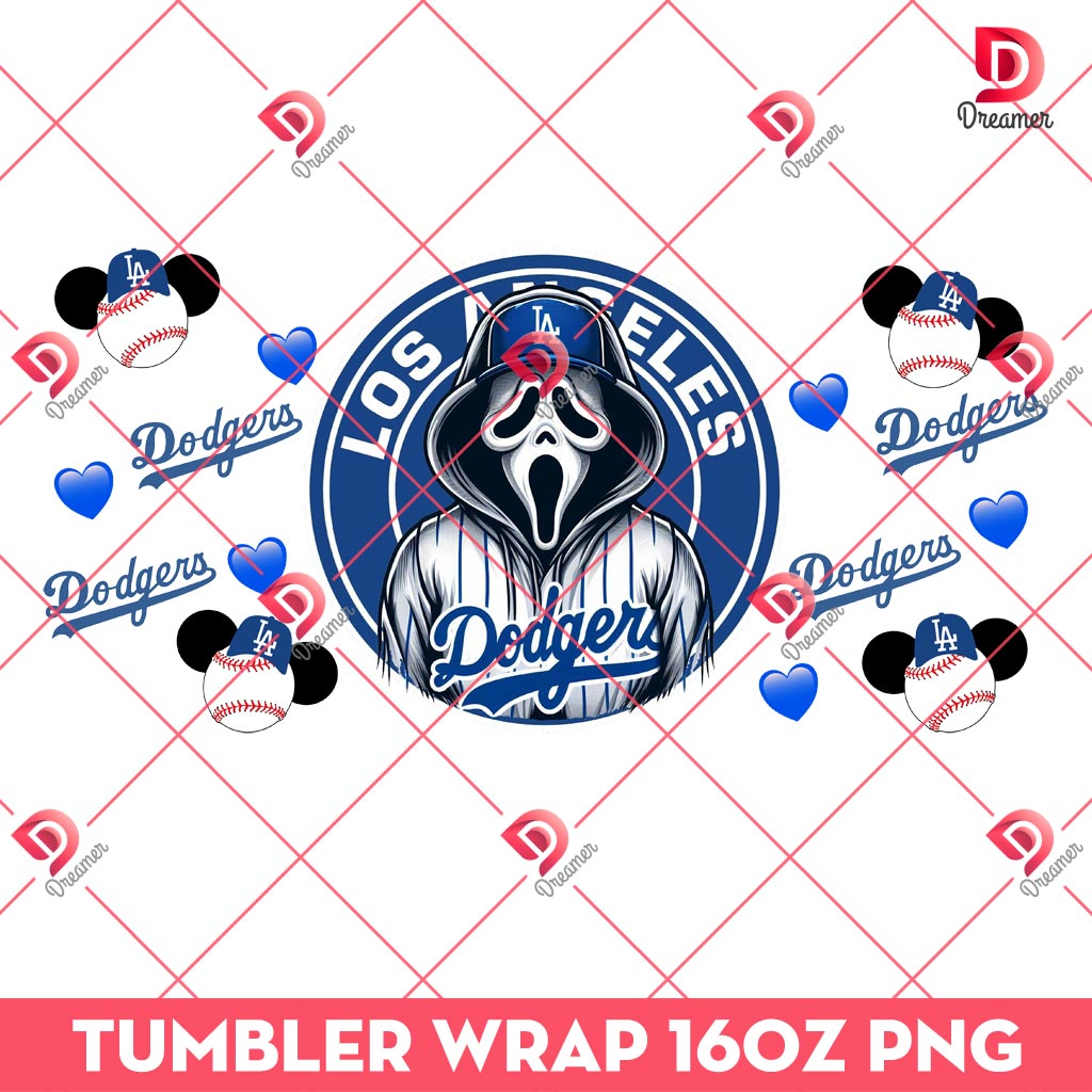 Ghostface Los Angeles Dodger Tumbler Wrap 16oz PNG, Horror Killer Dodgers PNG