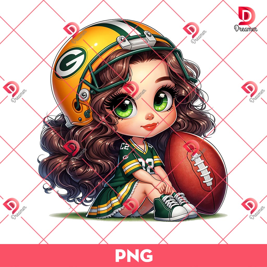 Green Bay Packers Cute Girl PNG, Cute Cartoon Girl NFL Football PNG