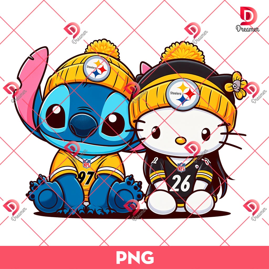 Hello Kitty And Stitch Pittsburgh Steelers PNG, Cute Stitch Football PNG, Hello Kitty NFL Football PNG