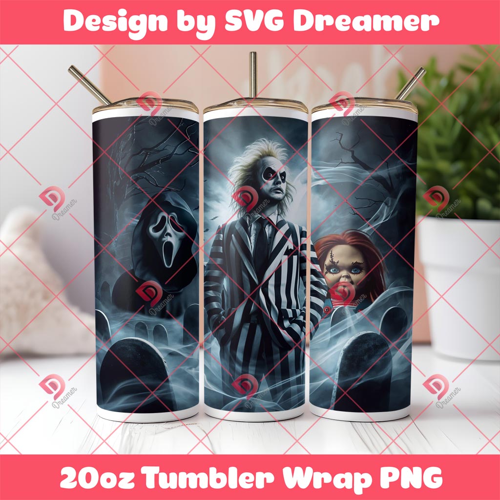 Horror Friends Tumbler Wrap PNG, Horror Characters Halloween PNG
