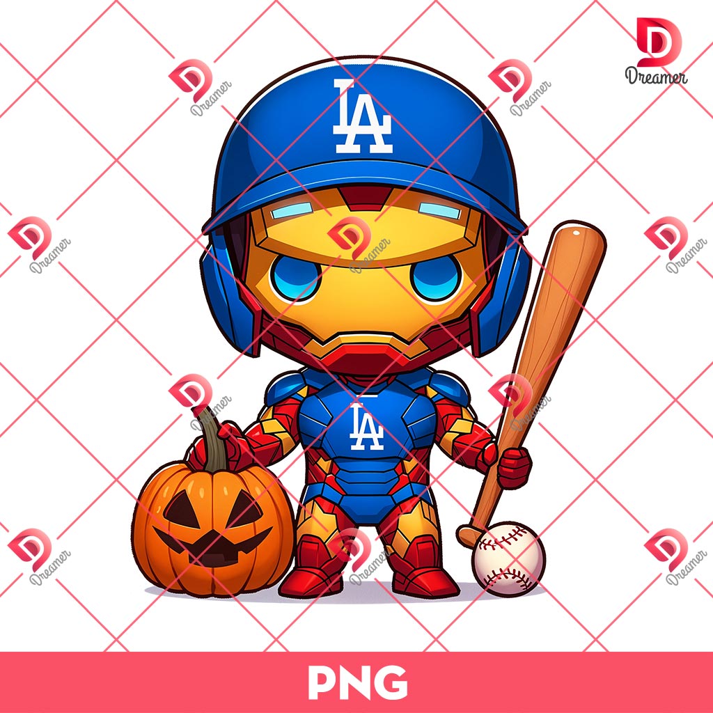 Iron Man Dodgers Halloween PNG, Chibi Superhero LA Dodgers Baseball PNG
