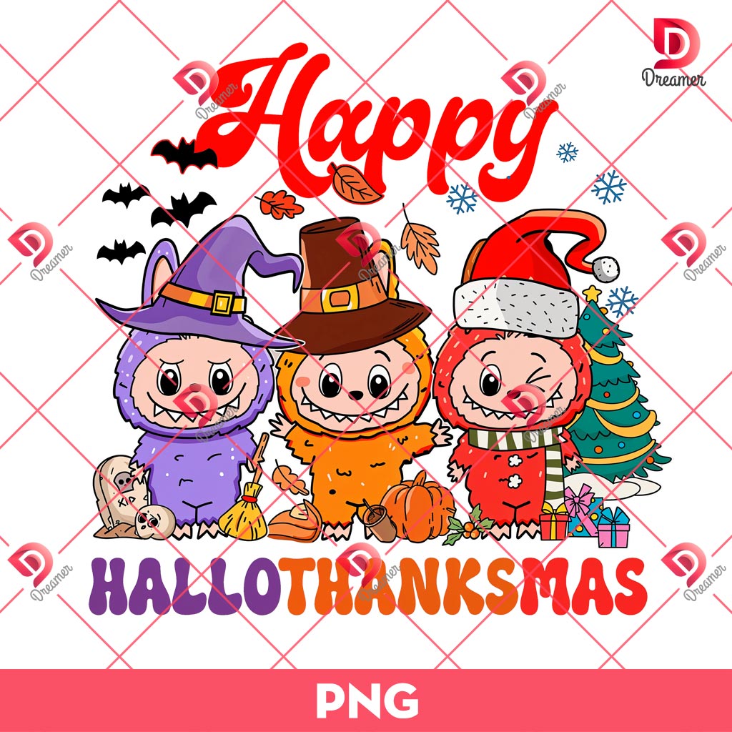 Labubu Happy Hallothanksmas PNG, Cartoon Halloween Thanksgiving Christmas PNG