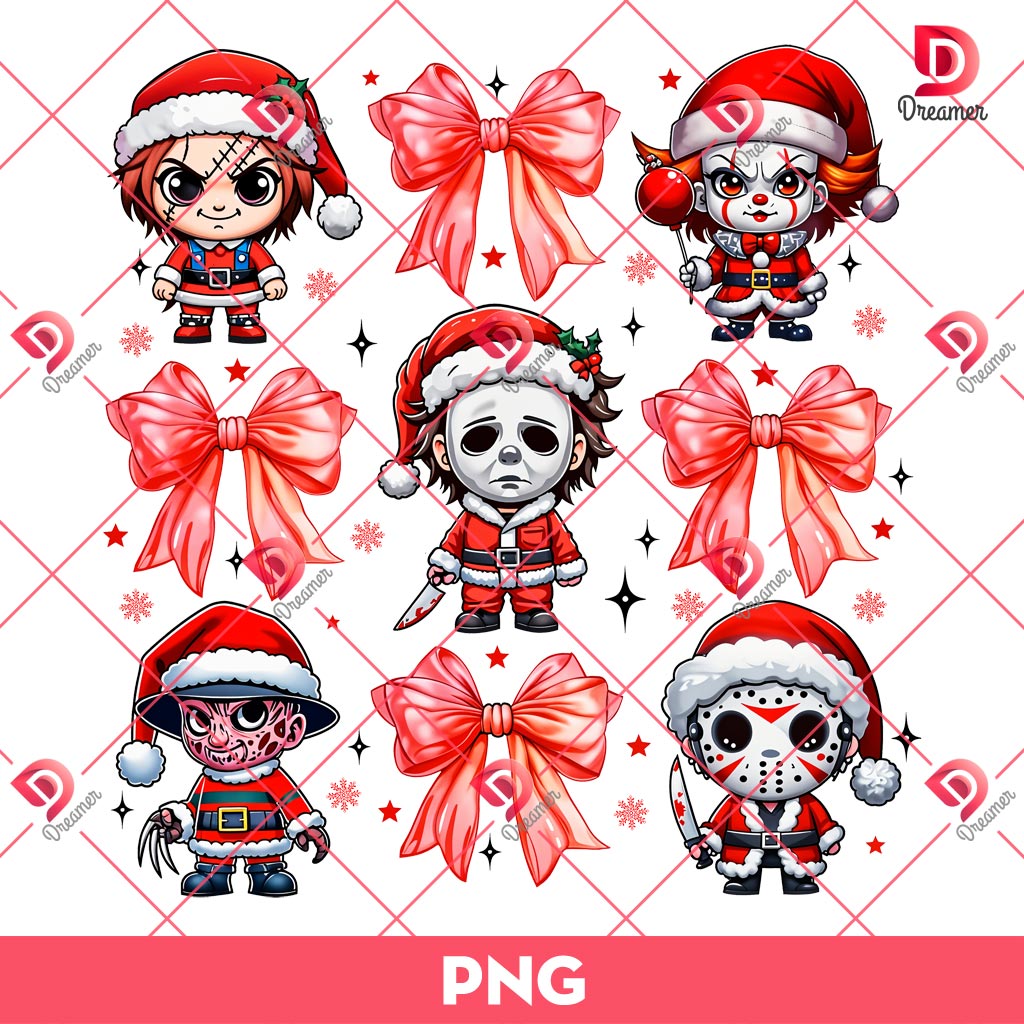 Merry Creepmas PNG, Horror Christmas Coquette Bow PNG, Horror Killers Christmas PNG