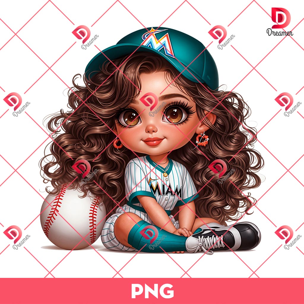 Miami Marlins Cartoon Girl PNG, Cute Girl MLB Baseball PNG, Baseball Girl Fan PNG