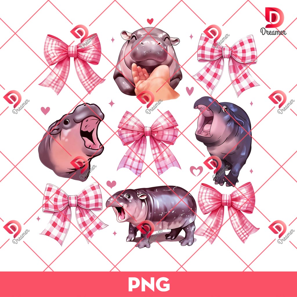 Moo Deng Pink Coquette PNG, Baby Pygmy Hippo Pink Bow PNG