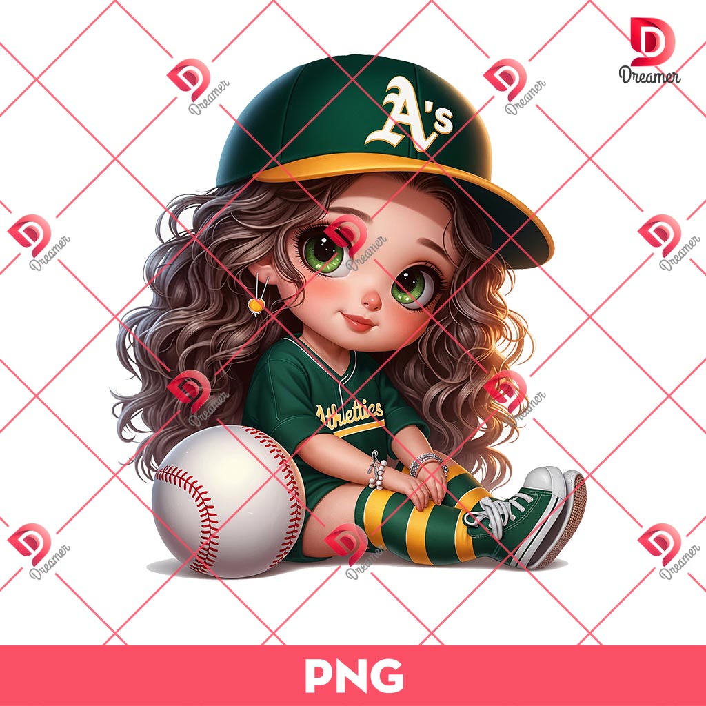 Oakland Athletics Cartoon Girl PNG, Cute Girl MLB Baseball PNG, Baseball Girl Fan PNG