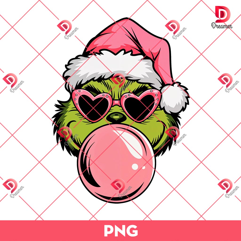 Pink Grinch Christmas Blowing Bubble Heart Sunglasses PNG, Grinchmas PNG