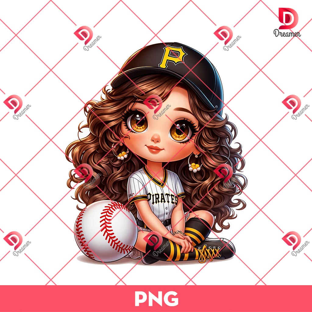 Pittsburgh Pirates Cartoon Girl PNG, Cute Girl MLB Baseball PNG, Baseball Girl Fan PNG