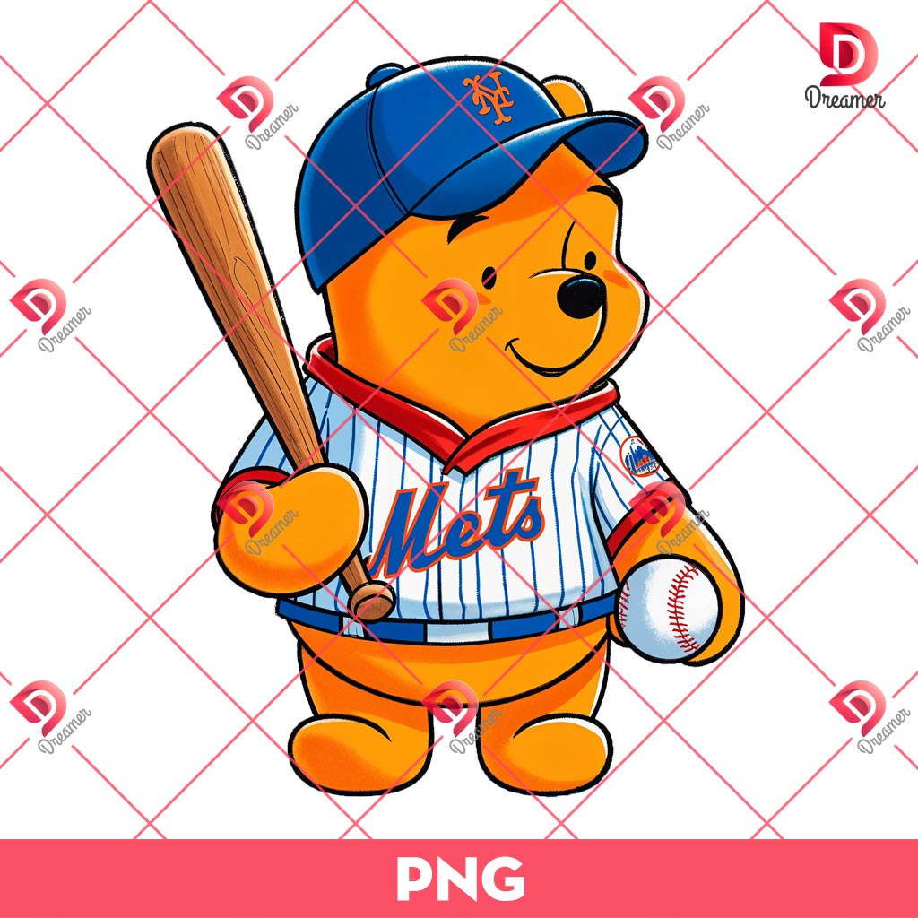 Pooh Bear NY Mets Player PNG, Winnie The Pooh Cartoon Baseball PNG