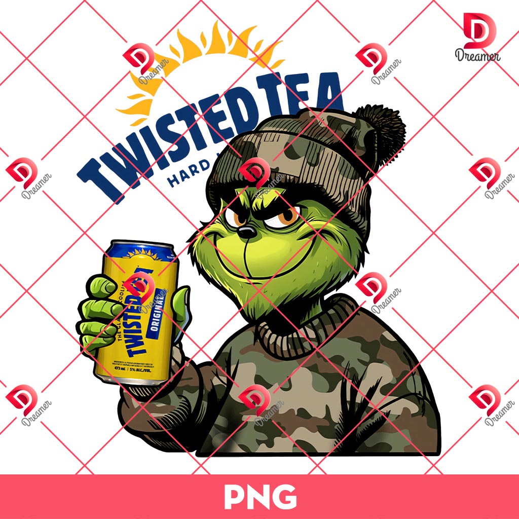 Retro Grinch Twisted Tea Hunting PNG, Grinch Drinks Twisted Tea PNG