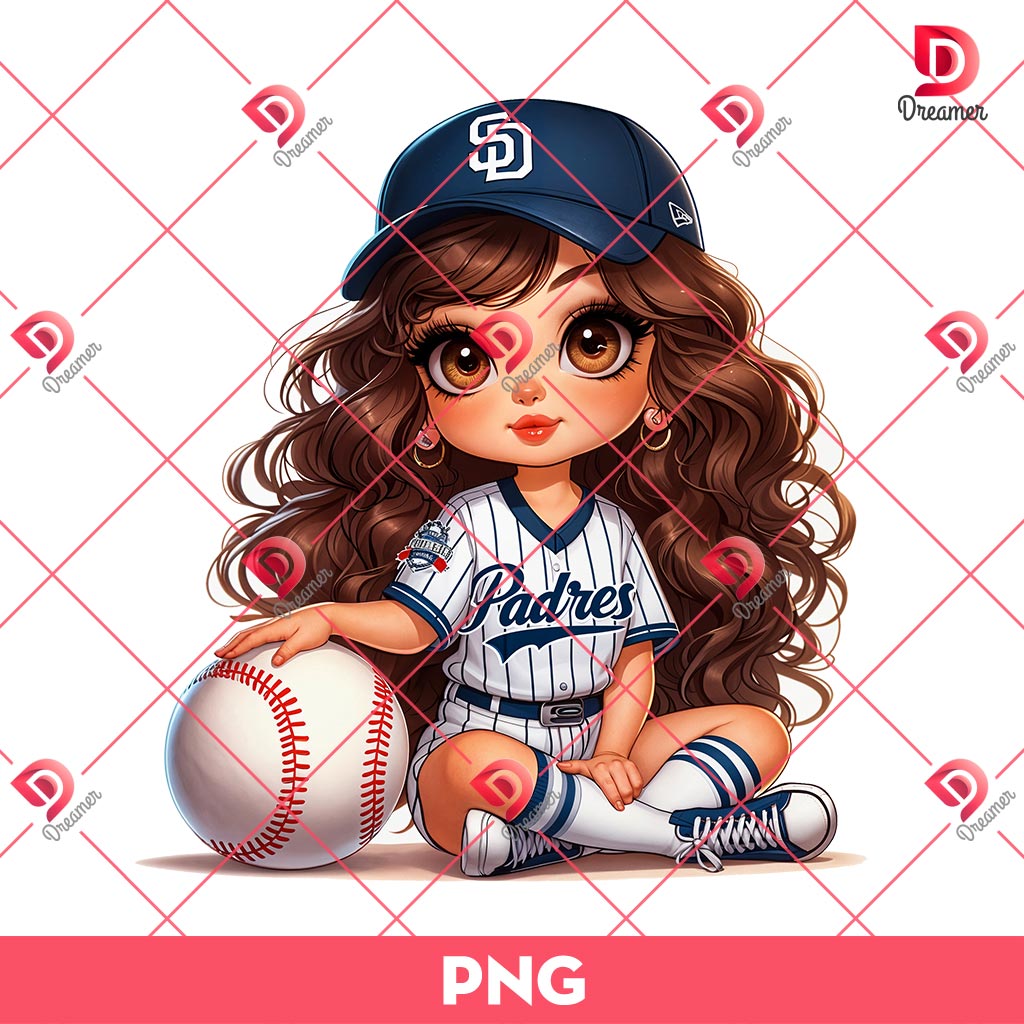 San Diego Padres Cartoon Girl PNG, Cute Girl MLB Baseball PNG, Baseball Girl Fan PNG