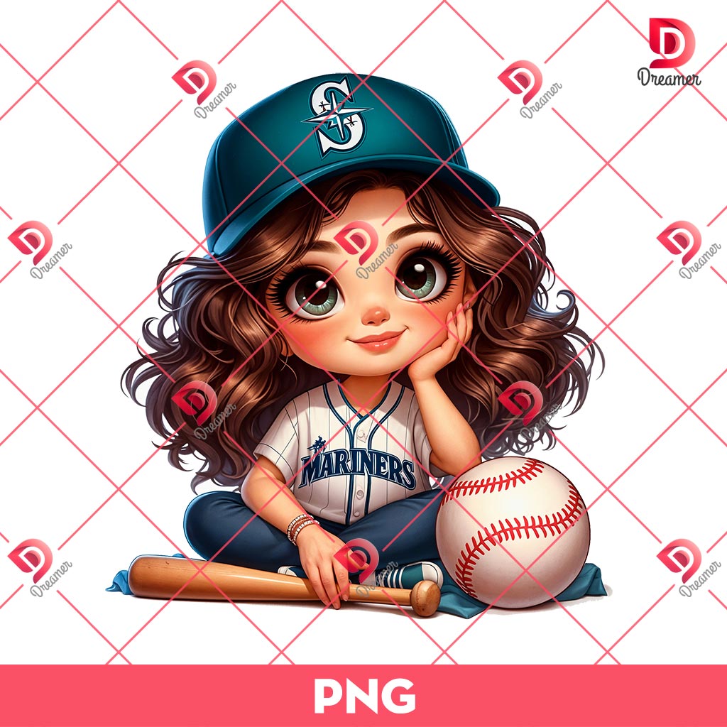 Seattle Mariners Cartoon Girl PNG, Cute Girl MLB Baseball PNG, Baseball Girl Fan PNG