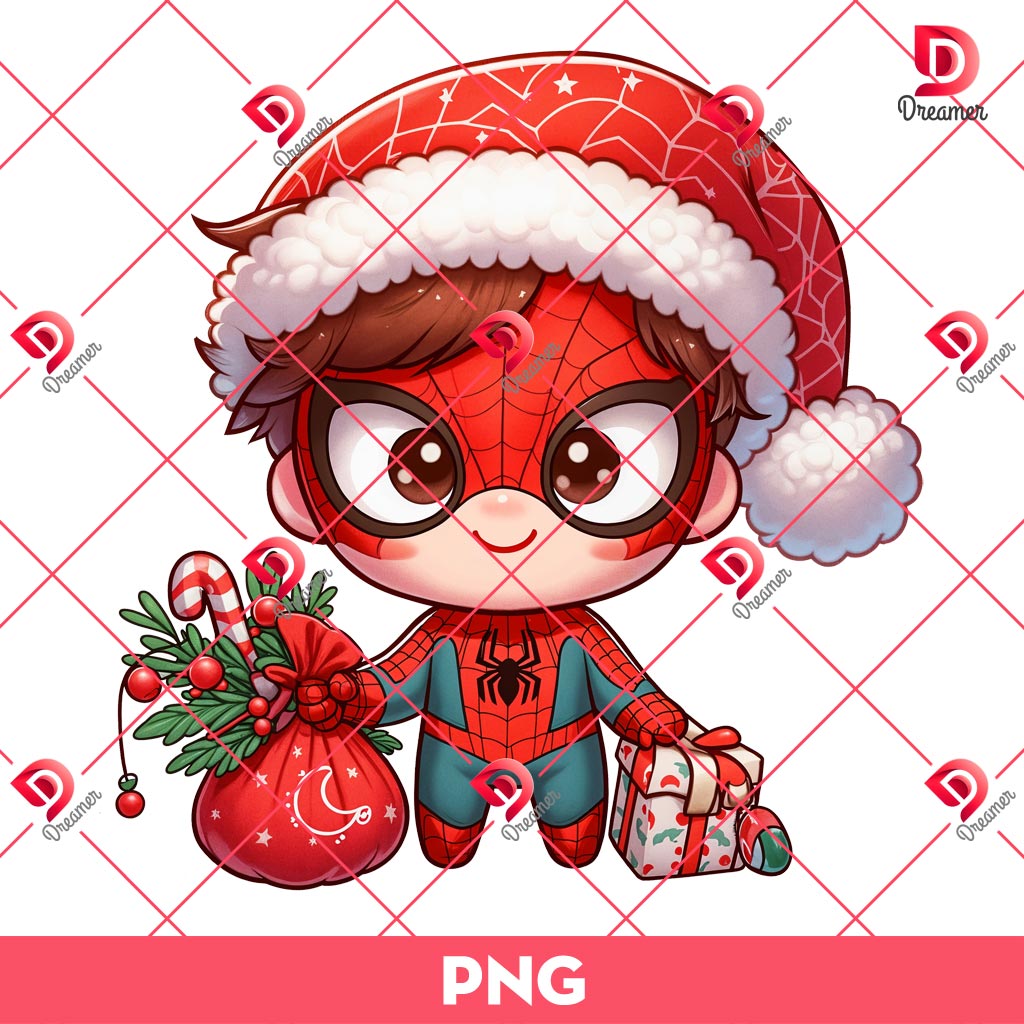 Baby Spiderman Holding A Christmas Gift Box PNG, Superhero Spiderman Christmas PNG