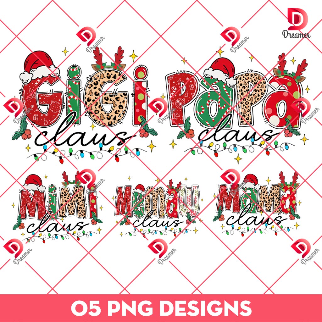 Bundle Christmas Mama Papa Mini Gigi Claus PNG, Bundle Family Christmas Lights PNG